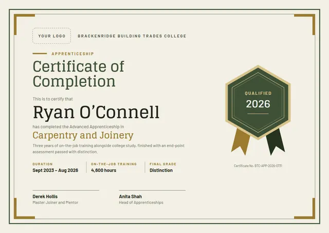 Olive Seal Apprenticeship Completion Certificate template, A4 landscape, in olive