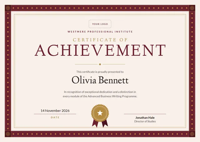 Burgundy Rosette Certificate of Achievement template, A4 landscape, in burgundy
