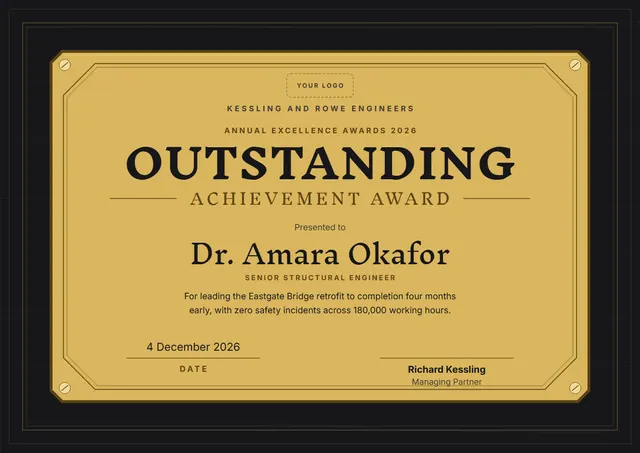 Chocolate Woodgrain Outstanding Achievement Award template, A4 landscape, in chocolate