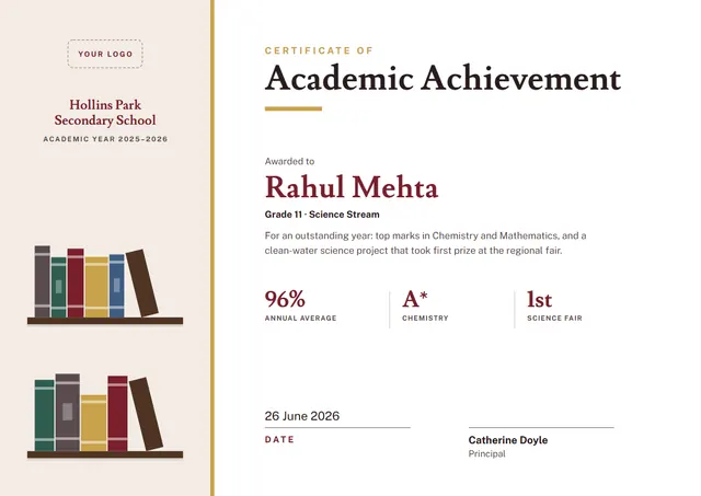 Burgundy Bookish Academic Achievement Certificate template, A4 landscape, in burgundy