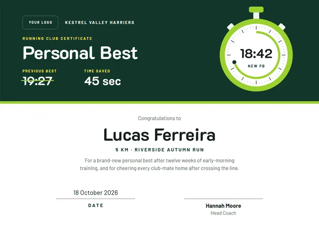 Forest Green Crown Personal Best Certificate template, A4 landscape, in forest green