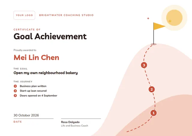 Terracotta Sunburst Goal Achievement Certificate template, A4 landscape, in terracotta