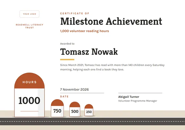 Terracotta Banded Milestone Achievement Certificate template, A4 landscape, in terracotta