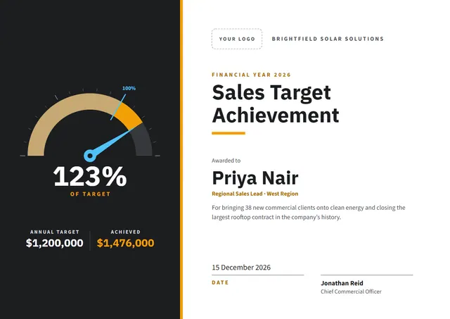 Sunshine Yellow Banded Sales Target Achievement Award template, A4 landscape, in sunshine yellow