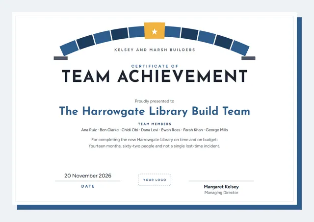 Ocean Blue Starry Team Achievement Certificate template, A4 landscape, in ocean blue
