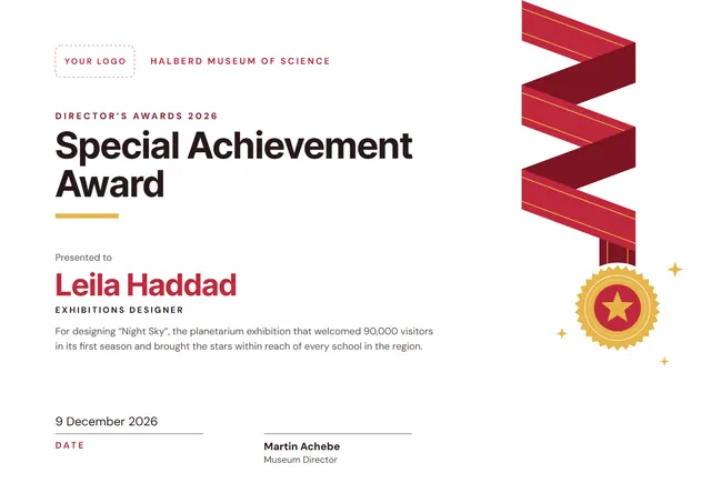 Red Medal Special Achievement Award template, A4 landscape, in red