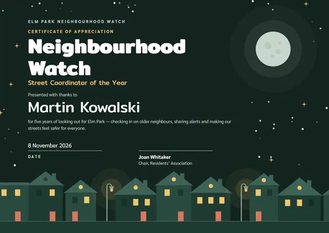 Forest Green Moonlit Neighbourhood Watch Certificate template, A4 landscape, in forest green