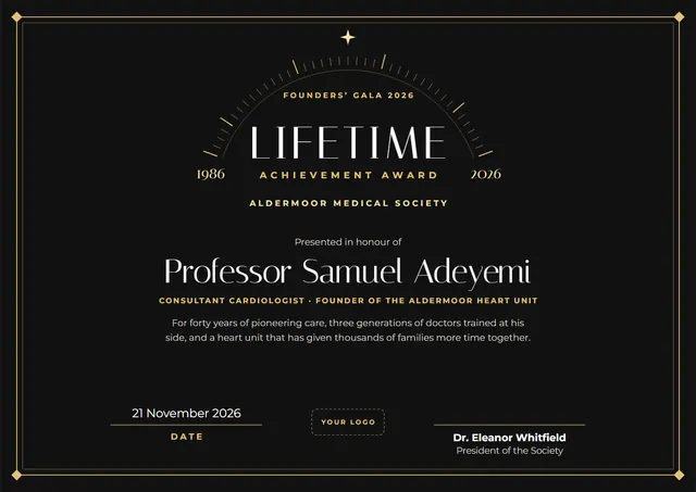 Gold Crown Lifetime Achievement Award template, A4 landscape, in gold