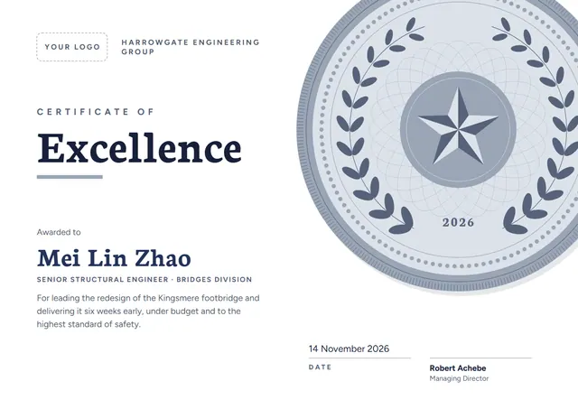 Silver Laurel Certificate of Excellence template, A4 landscape, in silver