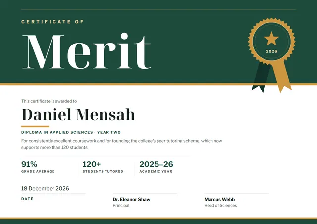 Forest Green Seal Certificate of Merit template, A4 landscape, in forest green