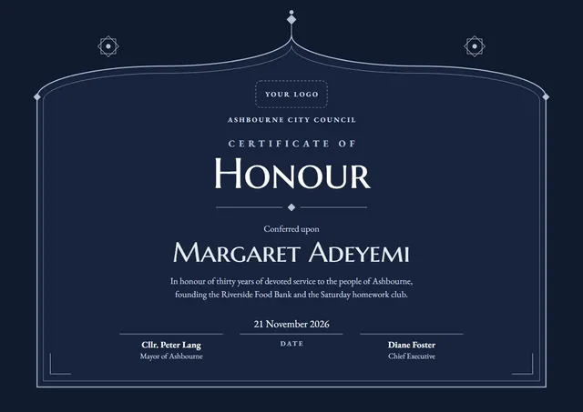 Classic Midnight Starry Certificate of Honour template, A4 landscape, in midnight blue