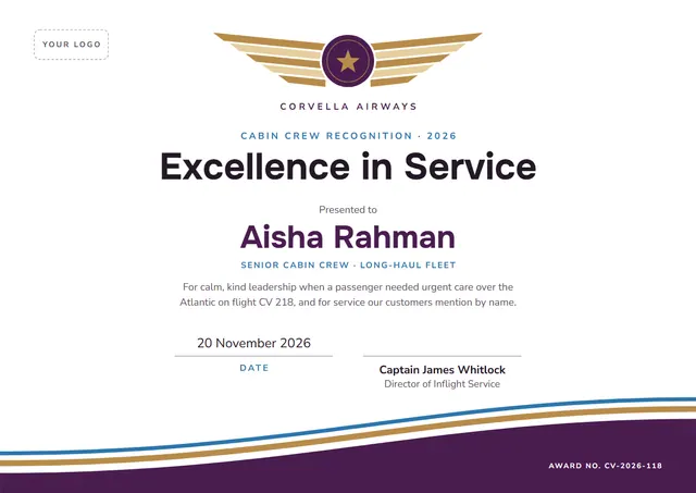 Plum Starry Excellence in Service Award template, A4 landscape, in plum