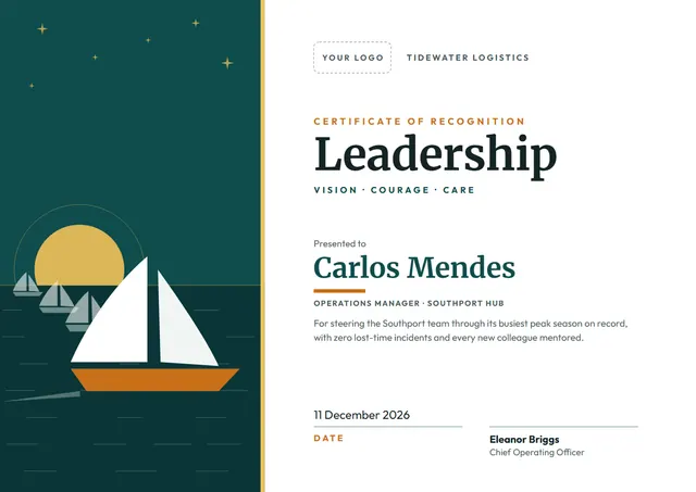 Teal Sunburst Leadership Recognition Certificate template, A4 landscape, in teal