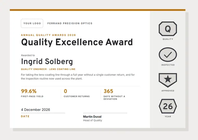 Mustard Starry Quality Excellence Award template, A4 landscape, in mustard