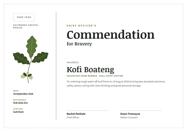 Olive Leafy Commendation Certificate template, A4 landscape, in olive