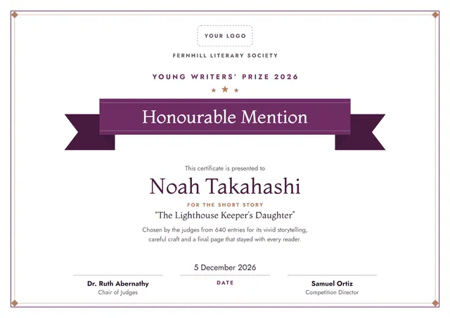 Plum Starry Honourable Mention Certificate template, A4 landscape, in plum