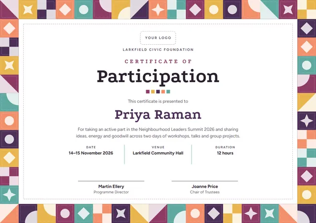 Plum Starry Certificate of Participation template, A4 landscape, in plum
