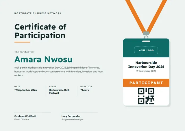Teal Badge Event Participation Certificate template, A4 landscape, in teal