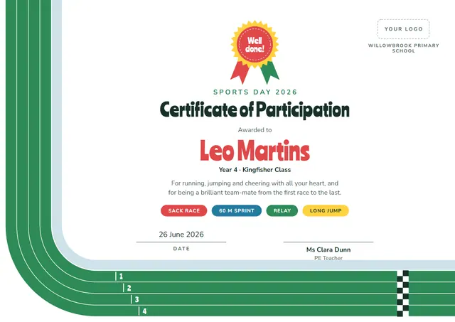 Jade Rosette Sports Day Participation Certificate template, A4 landscape, in jade