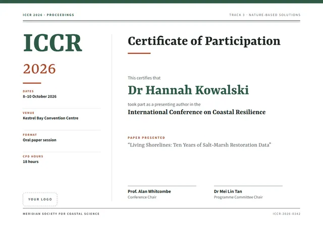 Forest Green Banded Conference Participation Certificate template, A4 landscape, in forest green