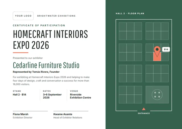 Emerald Geometric Exhibition Participation Certificate template, A4 landscape, in emerald
