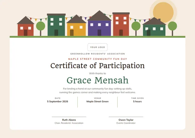 Jade Sunburst Community Event Participation Certificate template, A4 landscape, in jade