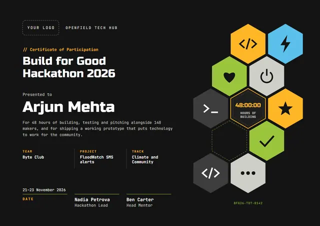 Sunshine Yellow Badge Hackathon Participation Certificate template, A4 landscape, in sunshine yellow