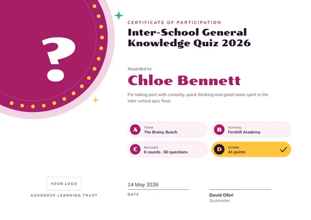 Fuchsia Starry Quiz Competition Participation Certificate template, A4 landscape, in fuchsia