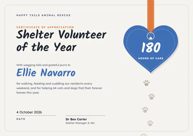 Steel Blue Heart Animal Shelter Volunteer Certificate template, A4 landscape, in steel blue
