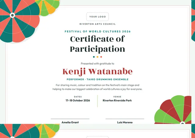 Brick Red Double-Border Cultural Festival Participation Certificate template, A4 landscape, in brick red