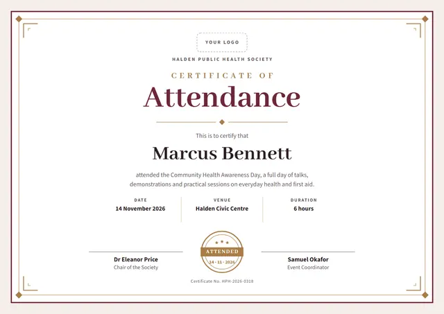 Burgundy Starry Certificate of Attendance template, A4 landscape, in burgundy