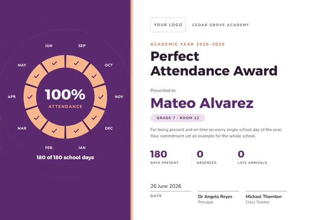 Plum Gear Perfect Attendance Award template, A4 landscape, in plum