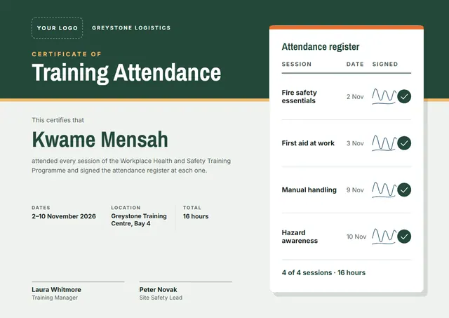 Forest Green Banded Training Attendance Certificate template, A4 landscape, in forest green