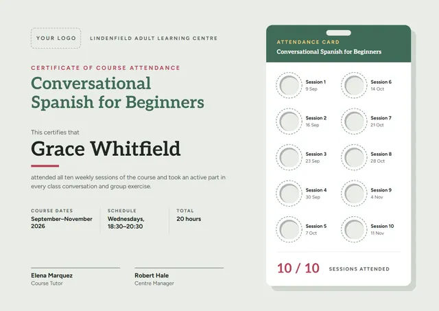 Jade Banded Course Attendance Certificate template, A4 landscape, in jade