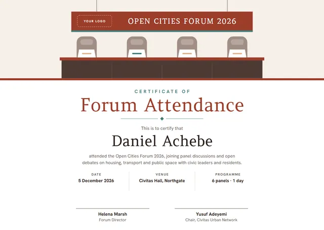 Brick Red Banded Forum Attendance Certificate template, A4 landscape, in brick red