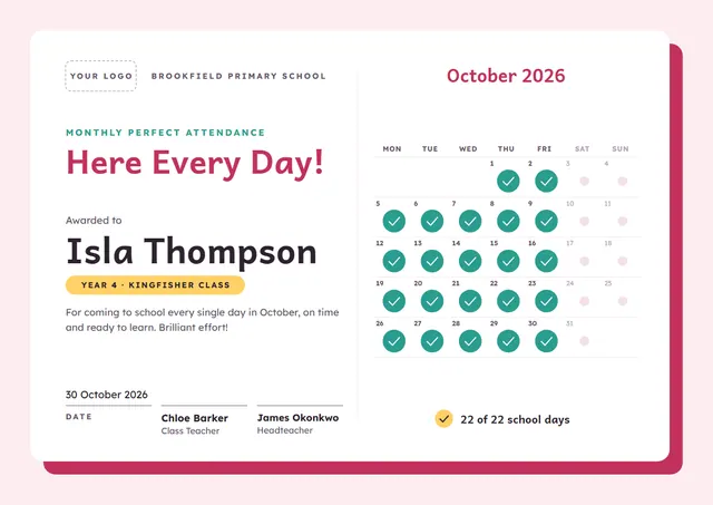Raspberry Playful Monthly Perfect Attendance Award template, A4 landscape, in raspberry