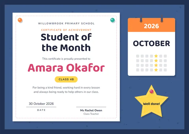 Navy Starry Student of the Month Certificate template, A4 landscape, in navy