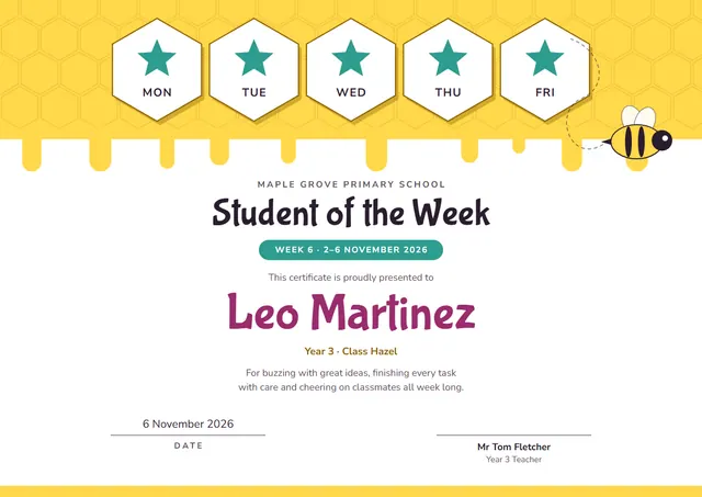 Sunshine Yellow Starry Student of the Week Certificate template, A4 landscape, in sunshine yellow