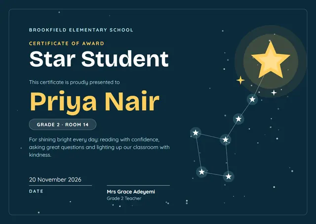 Playful Midnight Moonlit Star Student Award template, A4 landscape, in midnight blue