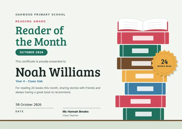 Emerald Badge Reader of the Month Certificate template, A4 landscape, in emerald