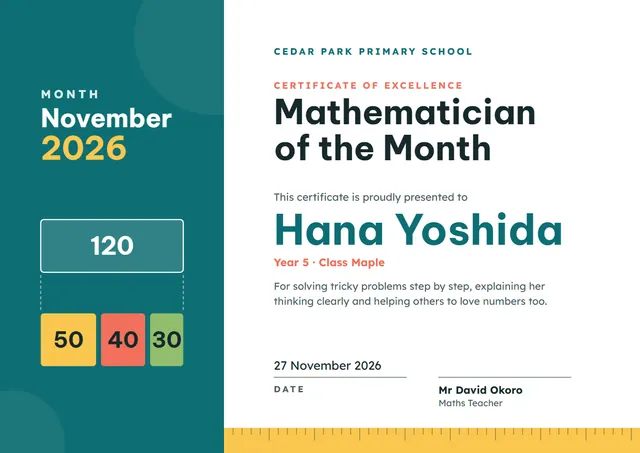 Teal Banded Mathematician of the Month Certificate template, A4 landscape, in teal