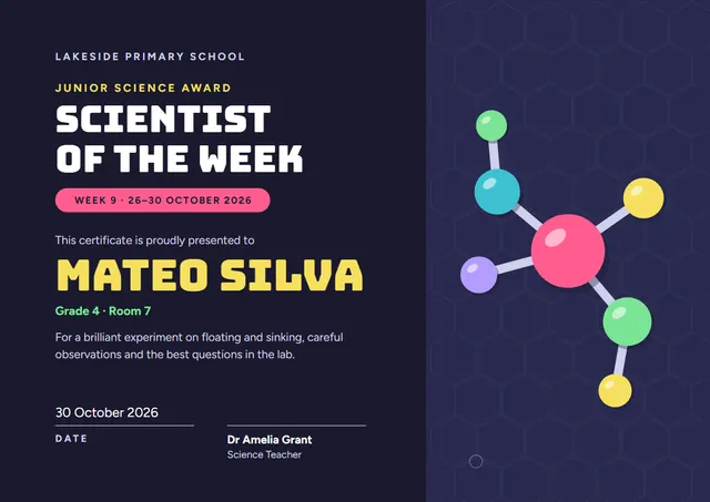 Playful Midnight Confetti Scientist of the Week Certificate template, A4 landscape, in midnight blue