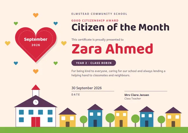 Red Leafy Citizen of the Month Certificate template, A4 landscape, in red