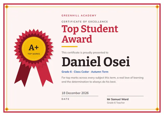 Red Rosette Top Student Award template, A4 landscape, in red