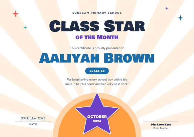 Orange Sunburst Class Star of the Month Certificate template, A4 landscape, in orange