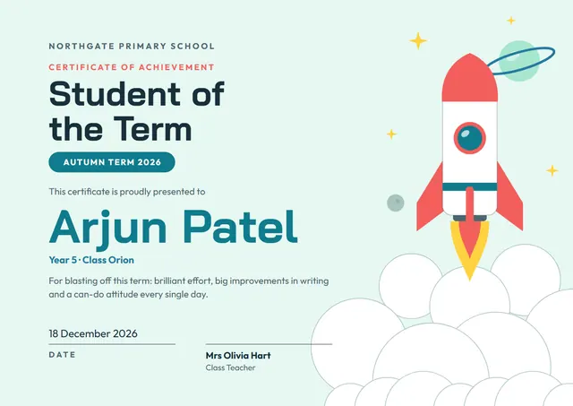 Teal Orbit Student of the Term Certificate template, A4 landscape, in teal