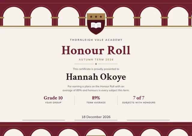 Burgundy Starry Honour Roll Certificate template, A4 landscape, in burgundy