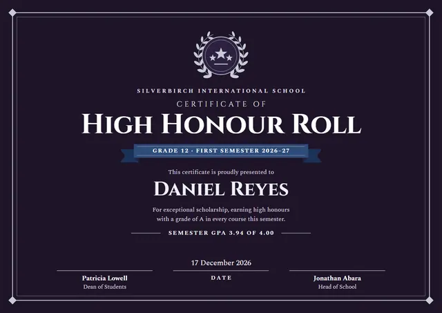 Black Laurel High Honour Roll Certificate template, A4 landscape, in black