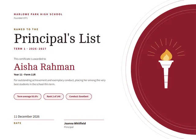 Crimson Sunburst Principal's List Certificate template, A4 landscape, in crimson