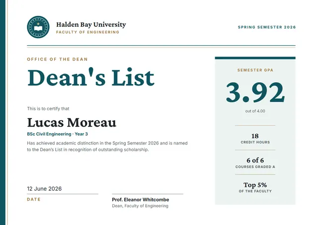 Teal Seal Dean's List Certificate template, A4 landscape, in teal